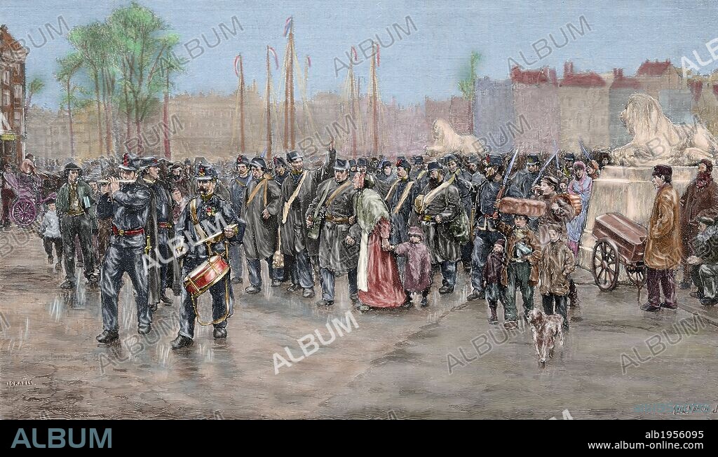 COLONIALISMO SIGLO XIX. HOLANDA. "ROTTERDAM: EMBARQUE DE TROPAS DESTINADAS A LAS COLONIAS HOLANDESAS EN LA INDIA". Grabado de Kellenbach para "La Ilustración Artística", año 1886. Coloreado.