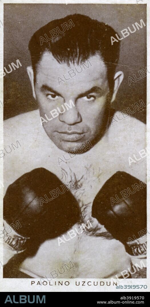 Paulino Uzcudun, Spanish boxer, 1938. Nicknamed the 'Basque Woodchopper', Uzcudun (1899-1985) is regarded as the best heavyweight boxer to come out of Spain. He was European champion three times, and fought some of the greatest heavyweights of his era, including Joe Louis, Max Baer, Max Schmeling (three times) and Primo Carnera (twice) during a 70 fight career, with 50 wins, 17 losses and 3 draws. Uzcudun was never knocked down in the ring until his final fight in 1935, when he lost on a technical knockout to Joe Louis after being put down by an uppercut in the 4th round. A Churchman's Cigarettes picture card.