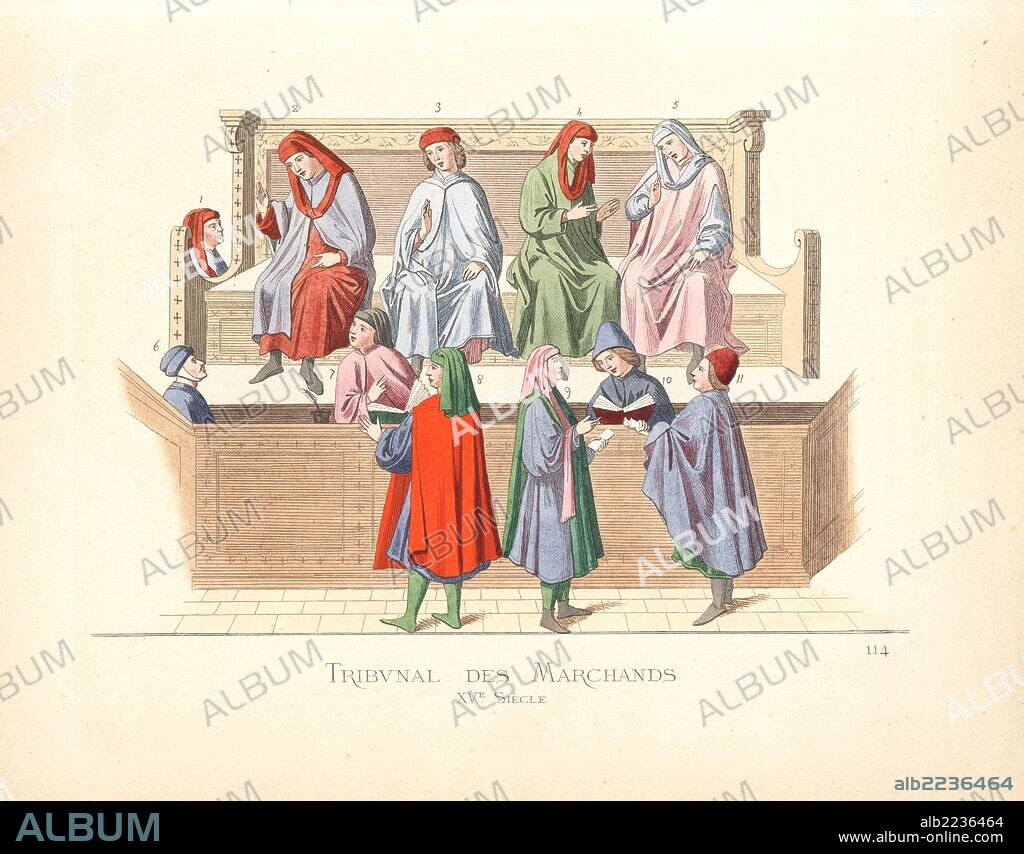 Merchant tribunal, Italy, 15th century. The magistrates are seated at top, scribes or notaries stand in the pit, and merchants outside the barrier. From a miniature painting by Sano di Pietro in the "Statutes of Merchants," Siena library. Handcoloured illustration drawn and lithographed by Paul Mercuri with text by Camille Bonnard from "Historical Costumes from the 12th to 15th Centuries," Levy Fils, Paris, 1861.