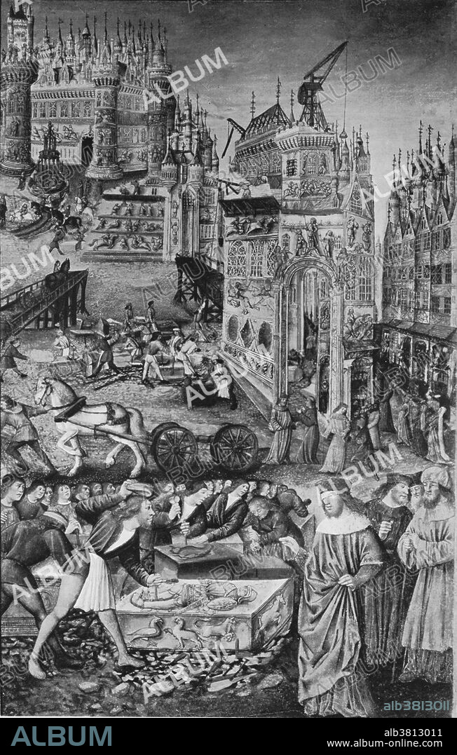 The Reconstruction of Troy by Priam by Jean Colombe from his Recueil des Histories de Troie, 1490. Priam was the king of Troy during the Trojan War. In Greek mythology, the Trojan War was waged against the city of Troy by the Achaeans (Greeks) after Paris of Troy took Helen from her husband Menelaus king of Sparta. The war is one of the most important events in Greek mythology and has been narrated through many works of Greek literature, most notably through Homer's Iliad and the Odyssey. The archeological layers of ruins in the citadel at Hisarlik are numbered Troy I - Troy IX. Troy VI was destroyed around 1250 BC, probably by an earthquake. Only a single arrowhead was found in this layer, and no remains of bodies. However the town quickly recovered and was rebuilt in a layout that was more orderly. Troy VII, which has been dated to the mid-to-late 13th century BC, is the most often cited candidate for the Troy of Homer. It appears to have been destroyed by war. Jean Colombe (1430 - 1493) was a French miniature painter and illuminator of manuscripts.