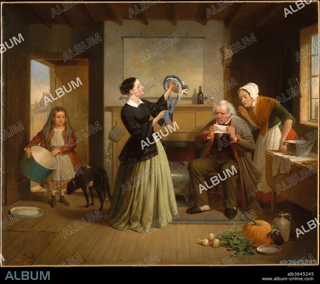 The New Bonnet. Artist: Francis William Edmonds (American, Hudson, New York 1806-1863 Bronxville, New York). Dimensions: 25 x 30 1/8 in. (63.5 x 76.5 cm). Date: 1858.
This work, the last the artist exhibited at the National Academy of  Design, exemplifies his gently moralizing approach to genre painting.  In a setting influenced by the established formulas of seventeenth-century Dutch masters, Edmonds contrasts the daughter's  extravagant purchase with the faults of her disapproving parents. The father's bottle and glass and the mother's mirror imply indulgence in  drink and vanity, respectively. The poor delivery girl serves as an  added moral gibe to the comfortable middle-class family. The elderly man in this painting may depict or be based on Edmonds's brother, Judge John Worth Edmonds. The view through the door may represent  Irving Place, where the judge lived until his death in 1872. The  figure of the woman standing beside the old man is almost identical to a figure appearing in a number of works by Edmonds and may have been based on his mother.