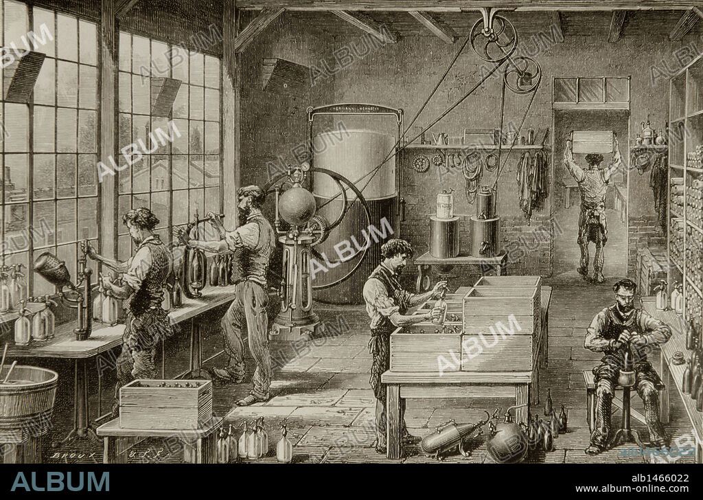 Fábrica de embotellado de bebidas gaseosas. Grabado de 1880.