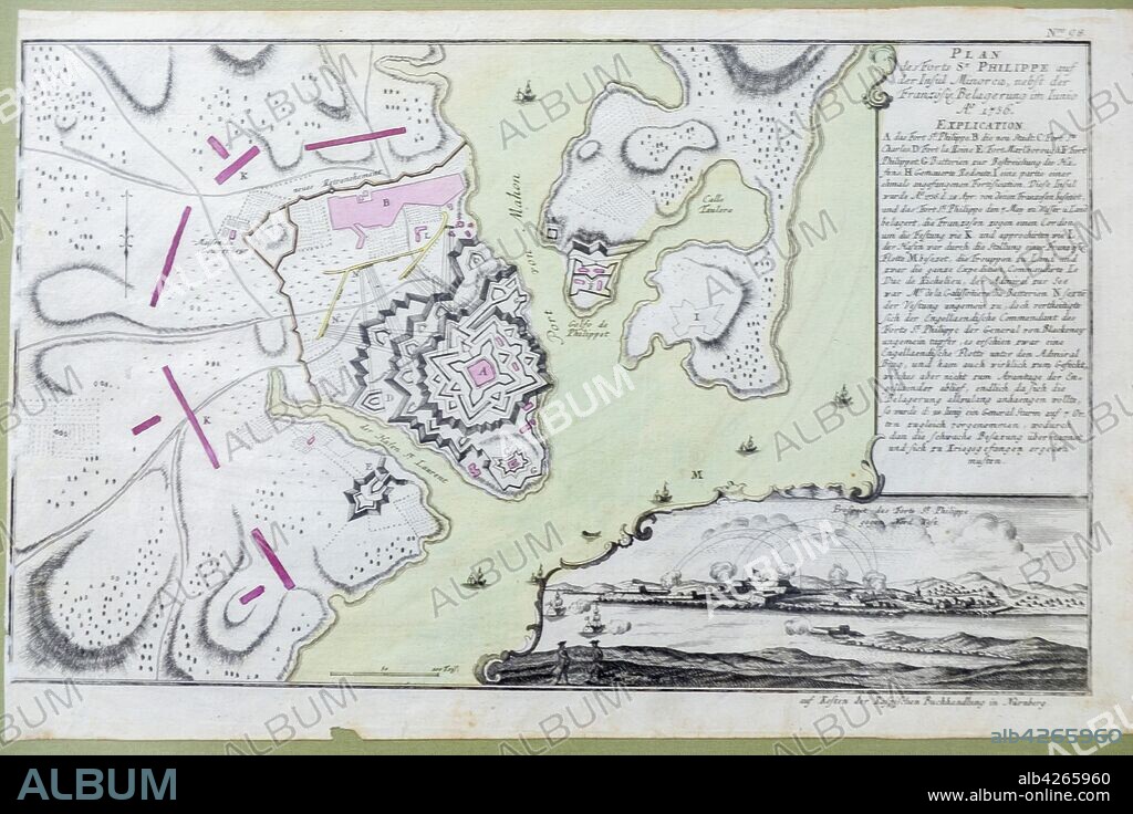 plano manuscrito del castillo de San felipe, producido en Nuremberg, 1756, Museo Militar de Menorca, antiguo cuartel de Cala Corb, plaza central de Es Castell, construido por los británicos en 1771, Menorca, balearic islands, Spain.