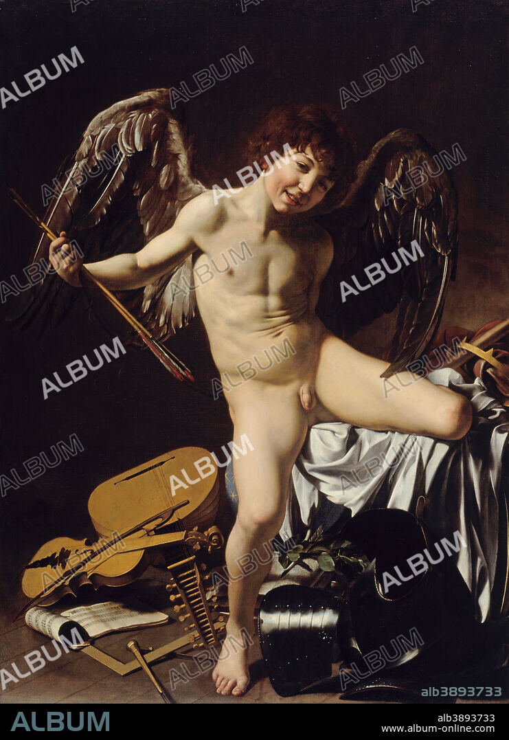 CARAVAGGIO. Cupid as Victor. Date/Period: Ca. 1601. Painting. Oil on canvas. Height: 156.5 cm (61.6 in); Width: 113.3 cm (44.6 in).