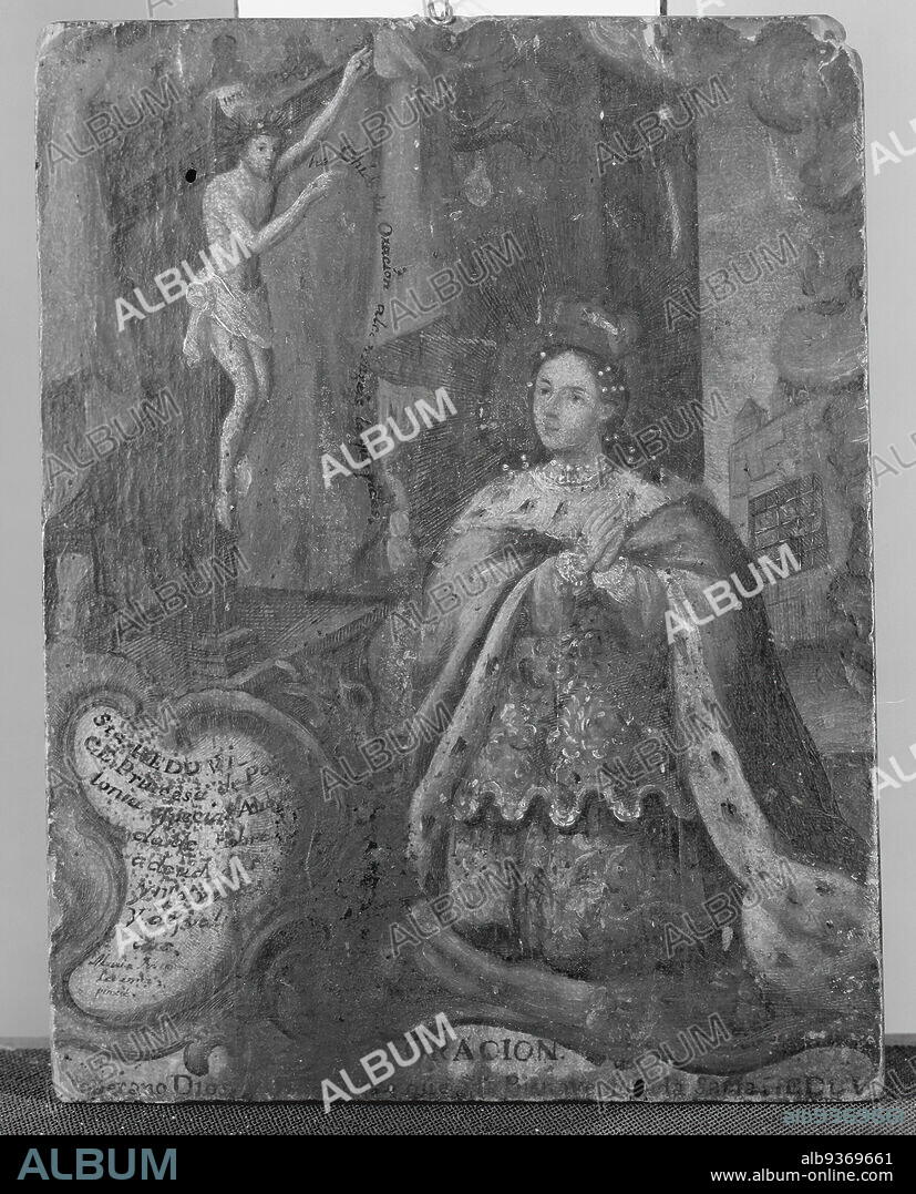 Queen Kneeling Before Cross, Painting on wood, late 18th-early 19th century, 7 11/16 x 5 15/16 in., 19.5 x 15.1 cm, Christ, cross, crucifiction, crucifix, ermine, female, holy, humble, Jesus, kneeling figure, monarch, painting, prayer, praying, queen, religious, robe, vision, woman.