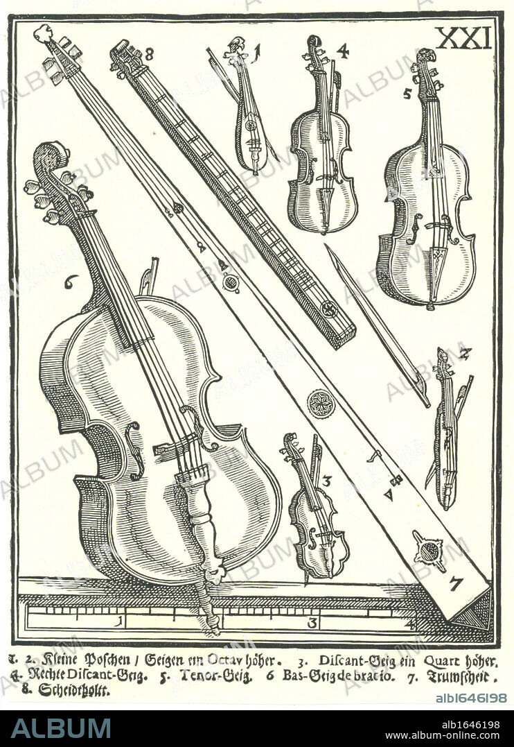 Violins and related instruments. l and 2: Pocket Violins, 3: Treble Violin, 4: Standard Treble Violin, 5: Tenor Violin, 6: Bass Viol, 7: Trumscheit, 8: Scheidtholst. Woodcut from Michael Praetorius Syntagma Musicum, 1615-1620.