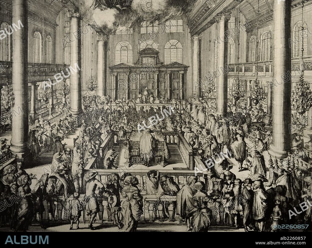 HISTORIA COMUNIDAD JUDIA. EUROPA. Interior de la Sinagoga Portuguesa de Amsterdam, durante el culto a la iniciación, 1675. Grabado realizado por el artísta barroco holandés Romeyn de Hooghe (1645-1708). Rijksmuseum, Amsterdam. Países Bajos.