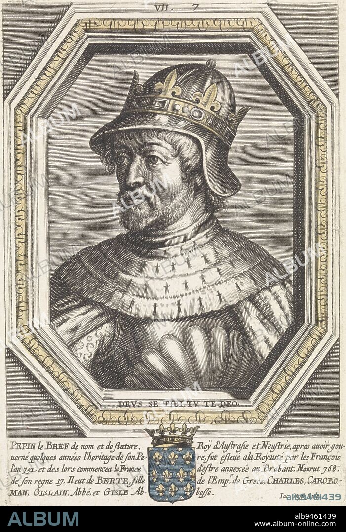 Pepin the Short, King of the Franks, dressed in armor and wearing a crowned helmet on his head. Bust to the left in an octagonal frame. Below in the margin his coat of arms and two five-line columns in French. Numbered at the top center of the frame: VII. Portrait of King Pepin the Short, print maker: Jacob Neefs, (mentioned on object), Antwerp, 1620 - 1680, paper, engraving, h 175 mm × w 117 mm.
