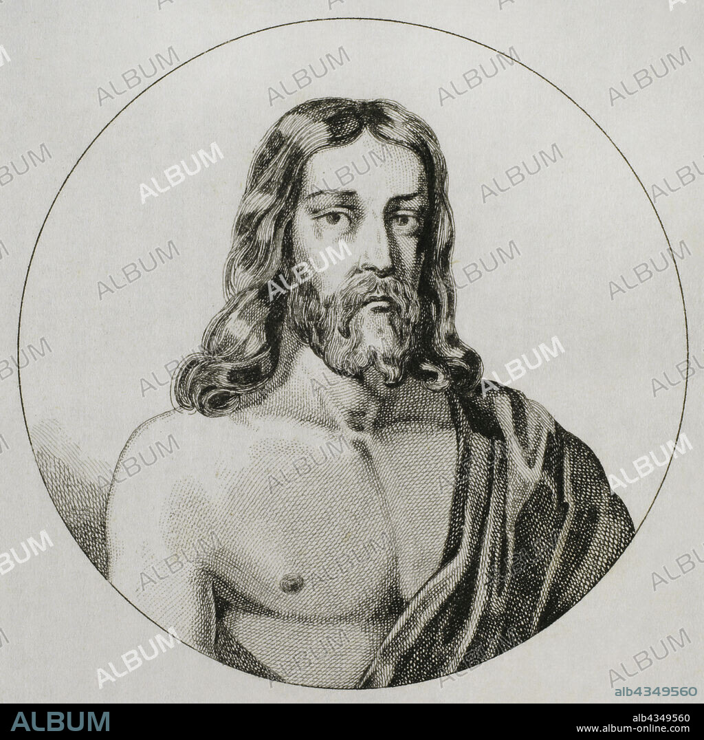 Jesús de Nazaret. Retrato de Jesucristo entregado al rey Abgaro V de Edesa. Grabado dibujado por Vernier. Grabado por Lesueur. Panorama Universal. Historia de Armenia, 1838.