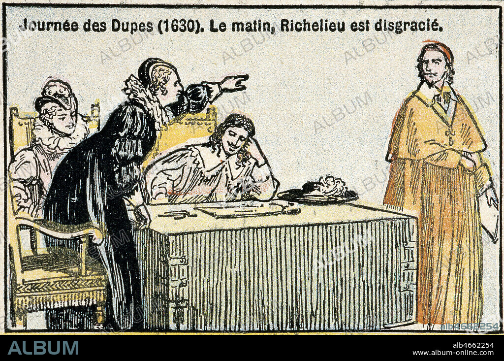 'Journee des Dupes (1630). Le matin, Richelieu [1585-1642] est disgracie' par Marie de MEDICIS (1573-1642) le 10 novembre 1630. Illustration de 1934 in Histoire de France, Maison de la Bonne Presse. Credit : Collection KHARBINE-TAPABOR.
