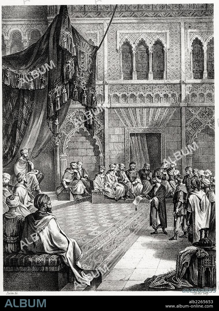 Historia de España. Reconocimiento de Abderraman III, primer emir Almumenin, en el año 912 como sucesor de su abuelo Abdallach . Grabado de 1872.