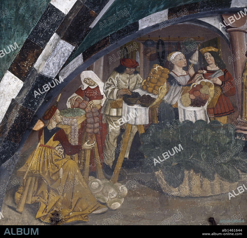 Pintura mural realizada hacia el año 1500. Representación de los diferentes puestos de venta d un mercado. Castello di Issogne, Italia.