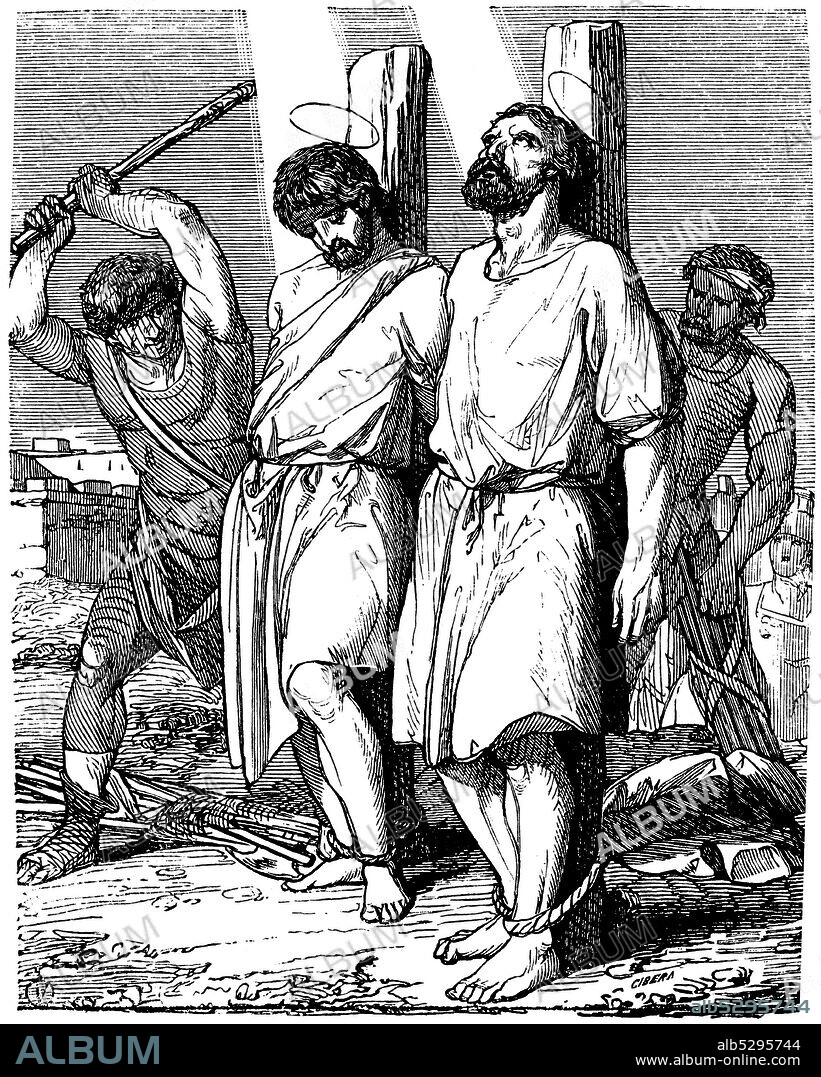 San Tiburcio (?-229) y San Valeriano (177-229), hermanos romanos, ejecutados por enterrar los cuerpos de cristianos martirizados. Grabado de 1852.