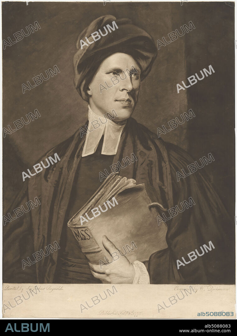 Rev. Dr. Thomas Percy, Dean of Carlisle, William Dickinson, 17461823, British, after Sir Joshua Reynolds RA, 17231792, British, 1775, Mezzotint on moderately thick, slightly textured, beige laid paper, Sheet: 14 3/4 x 10 15/16 inches (37.5 x 27.8 cm) and Image: 13 3/16 x 10 15/16 inches (33.5 x 27.8 cm), book, cap, Christian, clergy, dean, gazing, hat, physician, portrait, posing, reverend, robes, solemn.