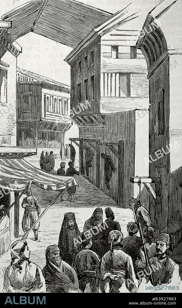 Cuestión de Oriente. Imperio Otomano. Con el debilitamiento del Imperio Turco empiezan los movimientos nacionalistas en la zona de los Balcanes. En Bulgaria se vive el levantamiento de abril de 1876 con una fuerte represión por parte de las autoridades turcas. Ejecución de insurrectos búlgaros en las calles de Philippopolis. Grabado. La Ilustración Española y Americana, 22 de agosto de 1876. Biblioteca Histórico Militar de Barcelona. Cataluña, España.
