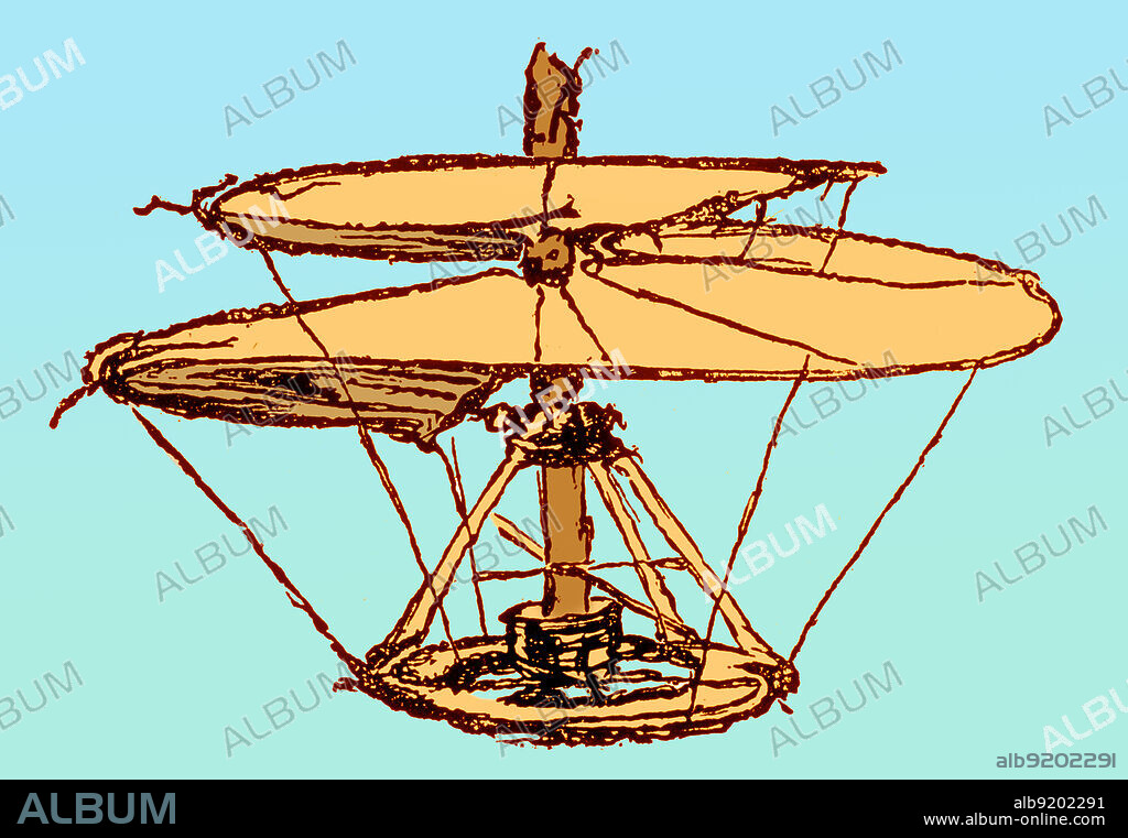 A sketch by Leonardo da Vinci of a flying machine known as the "helical air screw" or the "airscrew". It was designed to compress air to obtain flight, similar to modern helicopters.