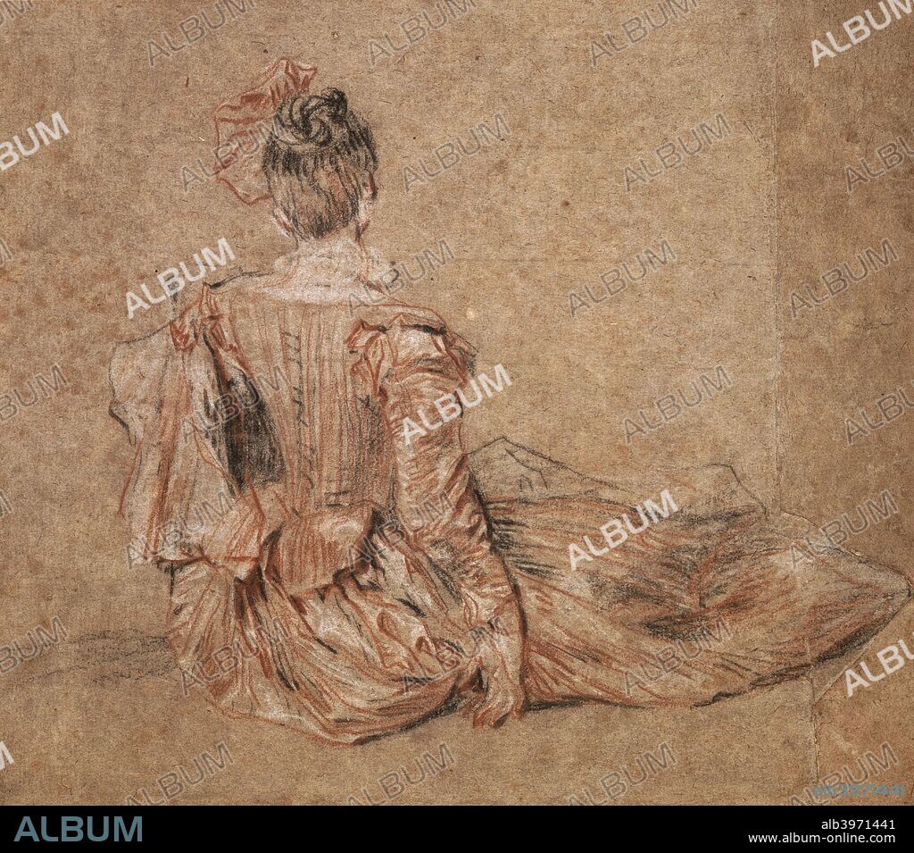 Study of a woman seen from the back by Jean-Antoine Watteau, 1716-1718. This study is drawn from a live model. Watteau has used his favourite combination of black, red and white chalks. This technique 'à trois crayons' became widely used by French artists of the eighteenth century.The costume is the main focus of Watteau's studies. The woman is seated on the ground so that her elaborate dress spreads out around her. This provides the artist with an excuse to study the movement of the drapery according to the different positions of her body. From the collection of the British Museum, London, United Kingdom.