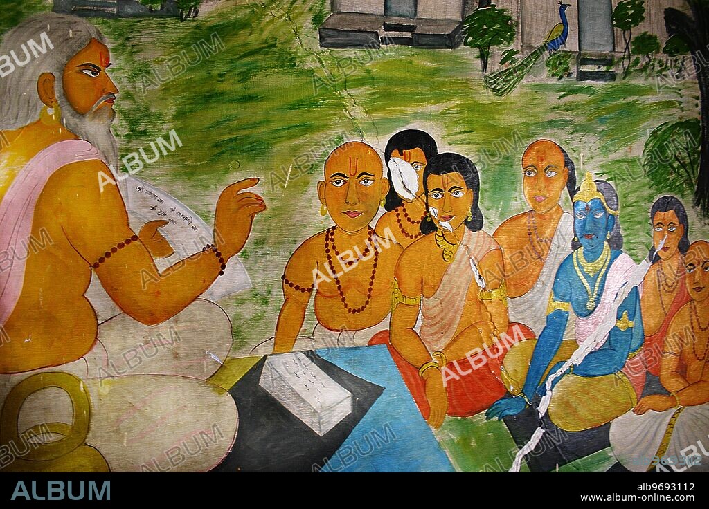 RSC75071 : Painting on wall of Sandipani Rishi Ashram, where Lord Krishna came to study, seen in the painting, blue colored child Krishna along with his friends while the guru is teaching, Ujjain, Madhya Pradesh, India. -.