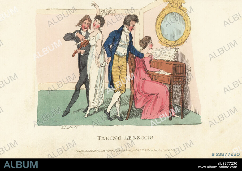 English gentleman at a music lesson, Regency era. A lady in plumed headdress dances with a violin master, while a dandy stands next to the pianist. Tom Takeall passes a love letter to Charlotte. Taking Lessons. Handcoloured copperplate engraving drawn and engraved by Richard Dagley from Takings, or the Life of A Collegian, John Warren, London, 1821.