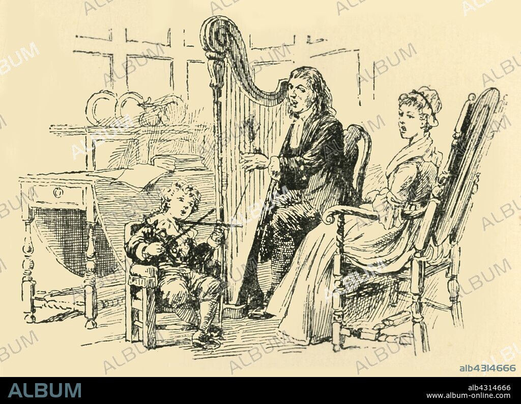 'He was imitating the playing of a violin', (1907). Mathias Haydn becomes aware that his five-year-old son Joseph is musically gifted: 'following with the closest attention his father's performance on the harp. In his hands were two sticks, with which he was imitating the playing of a violin, keeping accurate time with his bow to the rhythm of the music. The rapt expression on the boy's face was not lost upon the father, and thoughts which more than once had occupied Mathias's mind as he watched his child's clever imitation of the village schoolmaster's playing of the violin were recurring with redoubled force on this occasion.' An episode from the life of Austrian composer Joseph Haydn (1732-1809). From "Story-Lives of Great Musicians", by F.J. Rowbotham. [Wells Gardner, Darton & Co. Ltd, London, 1907].