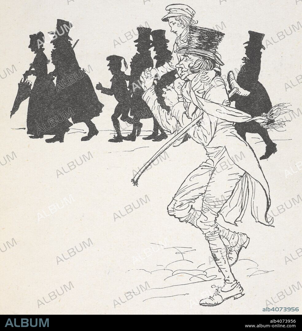 CHARLES DICKENS. A boy being carried on a man's shoulders. A Christmas Carol ... Illustrated by Arthur Rackham. London; J. B. Lippincott Co. Philadelphia : Wiiliam Heinemann, 1915. 'He had been Tim's blood-horse all the way from church'. Source: 012622.g.37. page 85 detail.