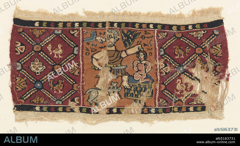The Sacrifice of Isaac, Medium: Warp; S-spun, Z-twist linen. Wefts; S-spun linen, S-spun wools Technique: slit tapestry with supplementary weft wrapping, Band divided into three sections. The central section shows a scene of Abraham about to sacrifice Isaac. The hand of God comes in from the upper left. Geometric pattern on either side., Egypt, 6th8th century, woven textiles, Band, Band.