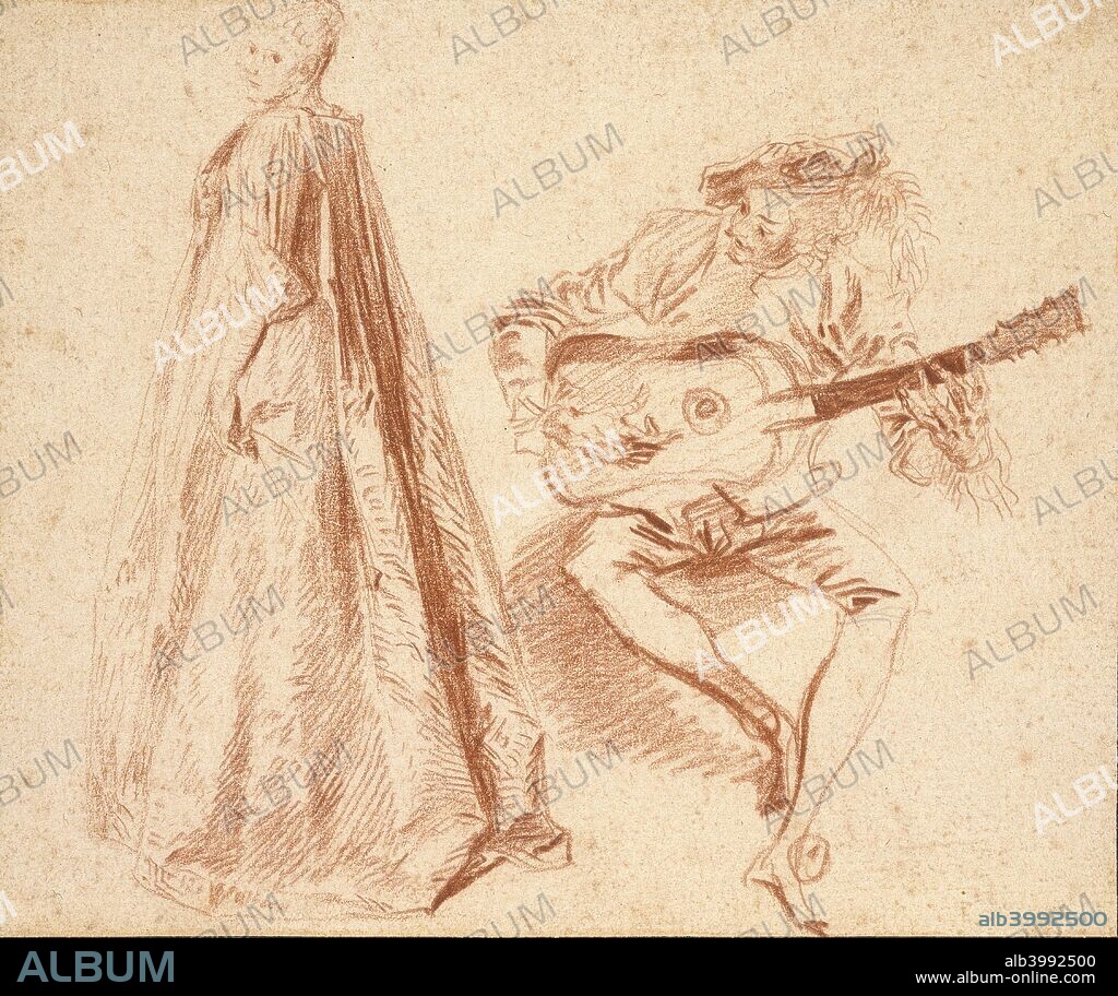 Girl standing in profile to left, looking over her left Shoulder, with a Man, on the right, playing a Guitar, early 18th century. Dimensions: height x width: sheet 15.5 x 18.6 cm.