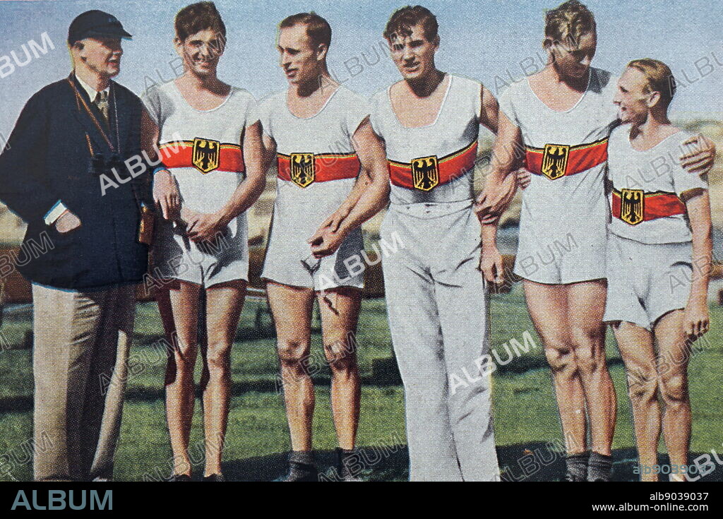 Photograph of the German men's rowing team at the 1932 Olympic games. Hans Eller, Horst Hoeck, Walter Meyer, Joachim Spremberg, Carlheinz Neumann and their trainer Tom Sullivan.