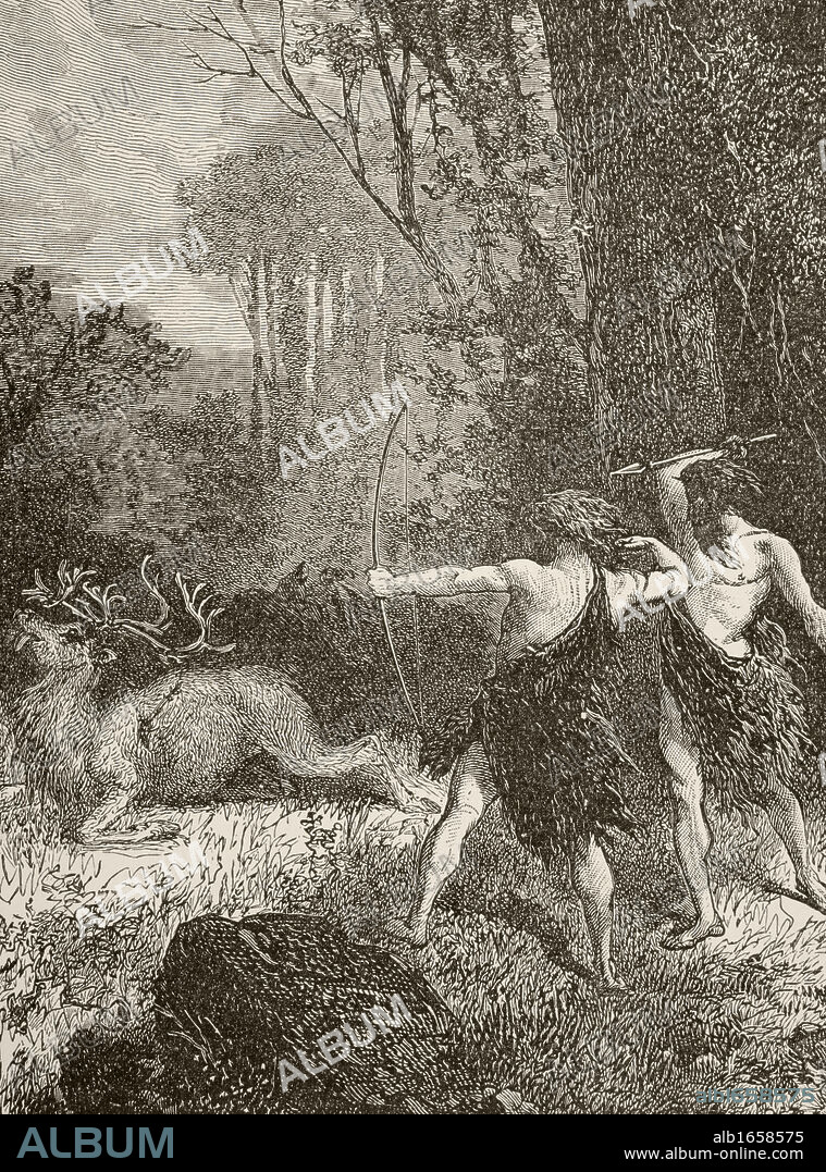 Prehistoric men hunting with bow and arrow and spear. From the book Chips From The Earth's Crust published 1894.