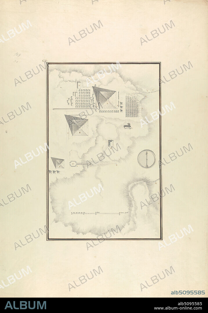 Topographical View of the Pyramids at Giza, Giovanni Battista Borra, 17131770, Italian, ca. 1750, Gray wash with black and brown ink over graphite on moderately thick, moderately textured, beige laid paper, Sheet: 21 1/4 x 14 15/16 inches (53.9 x 37.9 cm) and Image: 12 7/16 x 8 1/8 inches (31.6 x 20.6 cm), aerial view, architectural subject, cartographic material, mariners' compass, pyramids (tombs), scale (rule), site plan, topographic map, Asia, Egypt, Frontier, Giza Necropolis, Matruh.