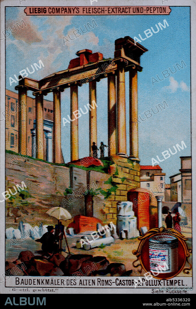 Photos Series monuments of ancient Rome, Italy, Castor and Pollux temple, Temple of Castor and Pollux, the temple of Castor or Dioskurentempel, temple on the Roman Forum  /  Bilderserie Baudenkmäler des alten Rom, Italien, Castor und Pollux Tempel, Aedes Castoris, Castortempel oder Dioskurentempel, Tempel am Forum Romanum, Liebigbild, digital improved reproduction of a collectible image from the Liebig company, estimated from 1900, pd  /  digital verbesserte Reproduktion eines Sammelbildes von ca 1900, gemeinfrei.