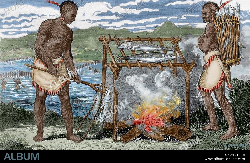 AMERICA DEL NORTE. SIGLOS XV AL XVII. "LOS PONCA". Tribu de indios norteamericanos ubicados inicialmente en la costa atlántica. Se asentaron en Virginia y las Carolinas en los siglos XV y XVI, y debido a la presión ejercida por los colonos blancos se trasladaron a lo que hoy es Missouri y después Minnesota. "VIRGINIO ASANDO PESCADO". Grabado francés del año 1844. Coloreado.