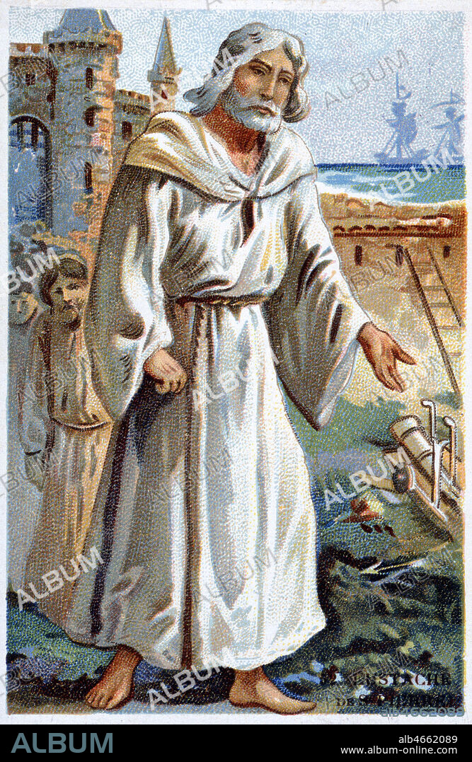 EUSTACHE de SAINT PIERRE (c.1287-1371), l'un des bourgeois de Calais portant en 1347 les cles de sa ville au roi d'Angleterre EDOUARD III (1312-1377). Chromo vers 1910. Credit : Collection Grob/KHARBINE-TAPABOR.