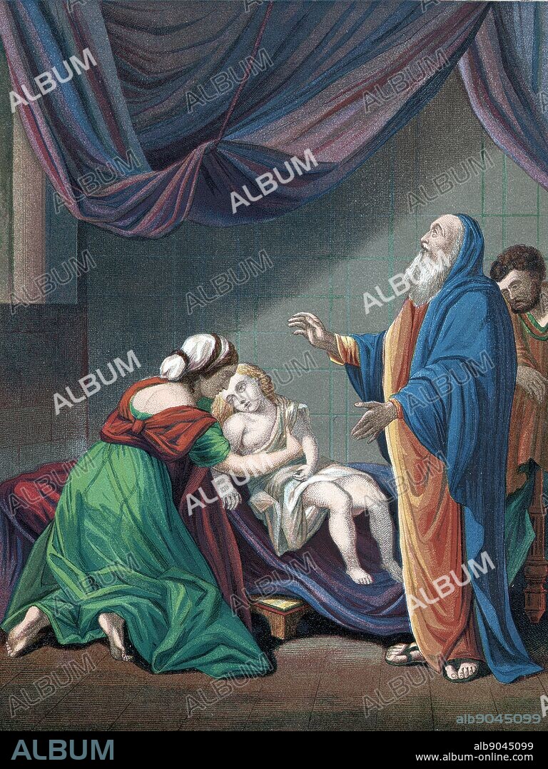 Elijah, Old Testament prophet, raising the widow's son from apparent death. 'Bible' 1 Kings 17. Coloured lithograph c1860.