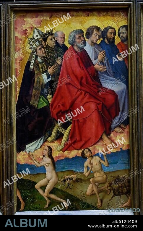 Weyden, Rogier van der; 1399/1400-1464. "The Last Judgement", 1449/51. Detail: Apostles, Peter and saints on clouds, below some of the beatified. Left inside side wing. Oil on wood, 135 x 87cm. Beaune, Hôtel-Dieu.