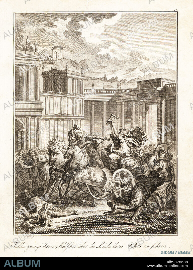 Tullia, the last Queen of Rome, orders her charioteer to drive over the corpse of her assassinated father King Servius Tullius, 535 BC. Tullie veut forcer le conducteur de son chariot a passer sur le cadavre de son pere. Copperplate engraving by Quirin Mark after a design by Charles-Dominique-Joseph Eisen from Professor Joseph Rudolf Zappes Gemalde aus der romischen Geschichte, Pictures of Roman History, Joseph Schalbacher, Vienna, 1800. German edition of Abbe Claude Francois Xavier Millots Abrege de lHistoire Romaine.