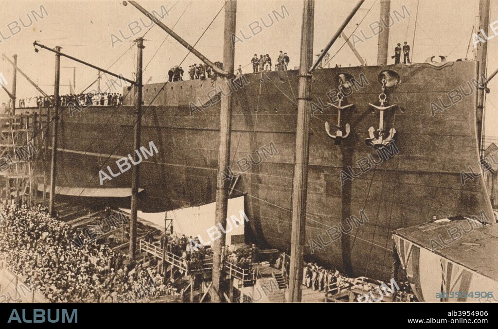 Launch of the battleship HMS `Queen Elizabeth`, 16 October 1913 (1935). The Royal Navy`s first oil-driven battleship. From The Royal Jubilee Book 1910-1935 [Associated Newspapers Ltd., London, 1935].