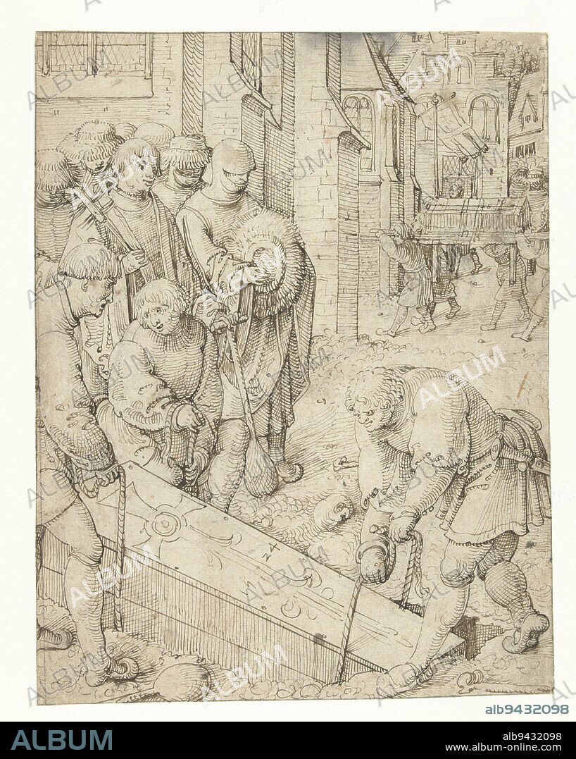 Burial of the dead, Pieter Cornelisz. called Kunst, 1524, In the foreground, three men lower a coffin into a grave. On the left, a priest with aspersorium (holy water sprinkler) and 'mourners' with broad-brimmed hats. In the background, a coffin is being carried into a church., draughtsman: Pieter Cornelisz. genaamd Kunst, 1524, paper, pen, h 247 mm × w 191 mm.