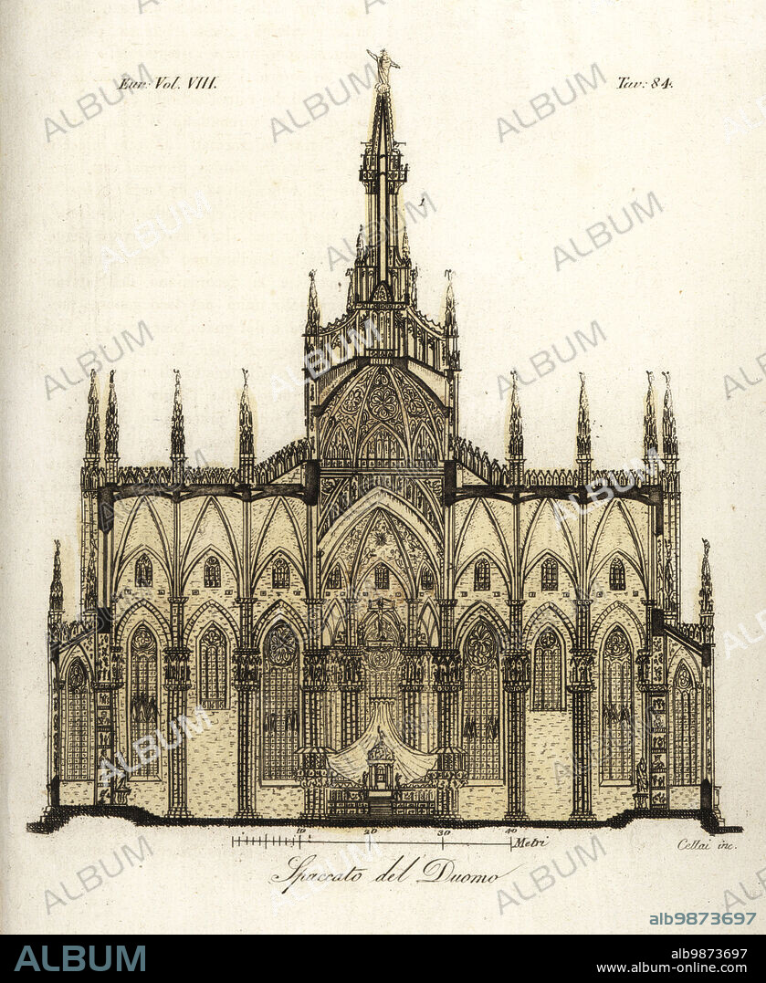 Section through Milan Cathedral, Gothic church built from 1386 by architects Simone da Orsenigo and Nicolas de Bonaventure. Duomo di Milano. Handcoloured copperplate engraving by Cellai from Giulio Ferrarios Costumes Ancient and Modern of the Peoples of the World, Il Costume Antico e Moderno, Florence, 1845.