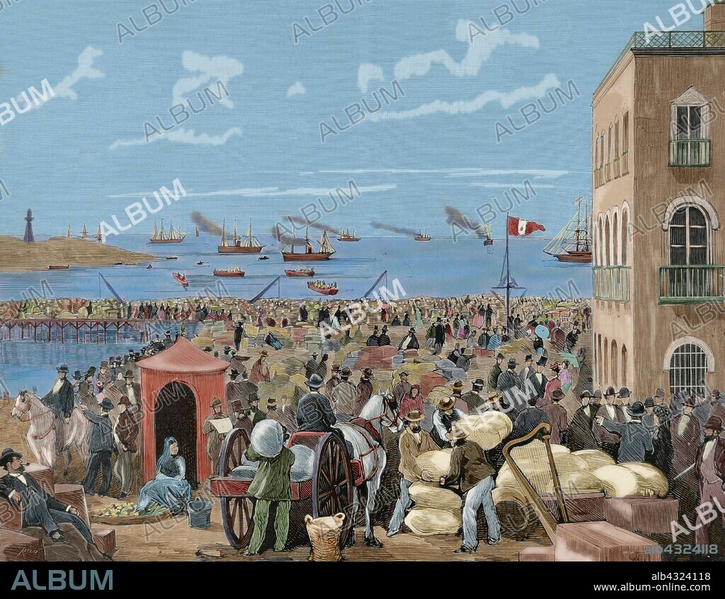 War of the Pacific (1879-1883). Western South america with Bolivia and Peru in front of Chile as a belligerants. Chilean getting out after unlocking of the port of Iquique (Peru), 1879. Engraving by Rico in "La Ilustracion Espa–ola y Americana", 1789. Later colouration.