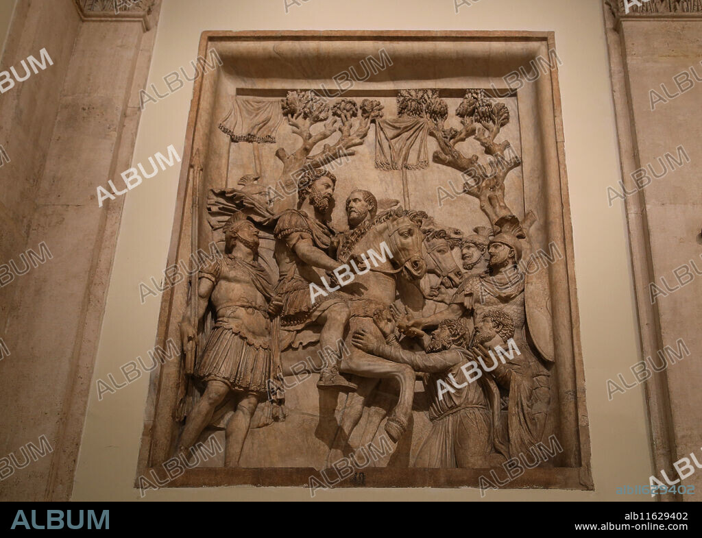 Monument in honour of Marcus Aurelius (161-180 AD). 2nd C.  Submission of the barbarians. Relief from a triumphal arch. Capitoline Museums. Rome. Italy.