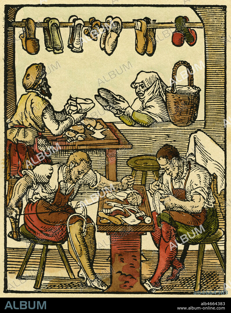 SAVETIER dans son echoppe. Le livre des Metiers (Satandebuch ) de Jost Amman et Hans Sachs, 1568, 16eme siecle, Renaissance. Gravure sur bois de Jost AMMAN (1539-1591) realisee en 1568, mise en couleur par nos soins. Collection KHARBINE-TAPABOR.