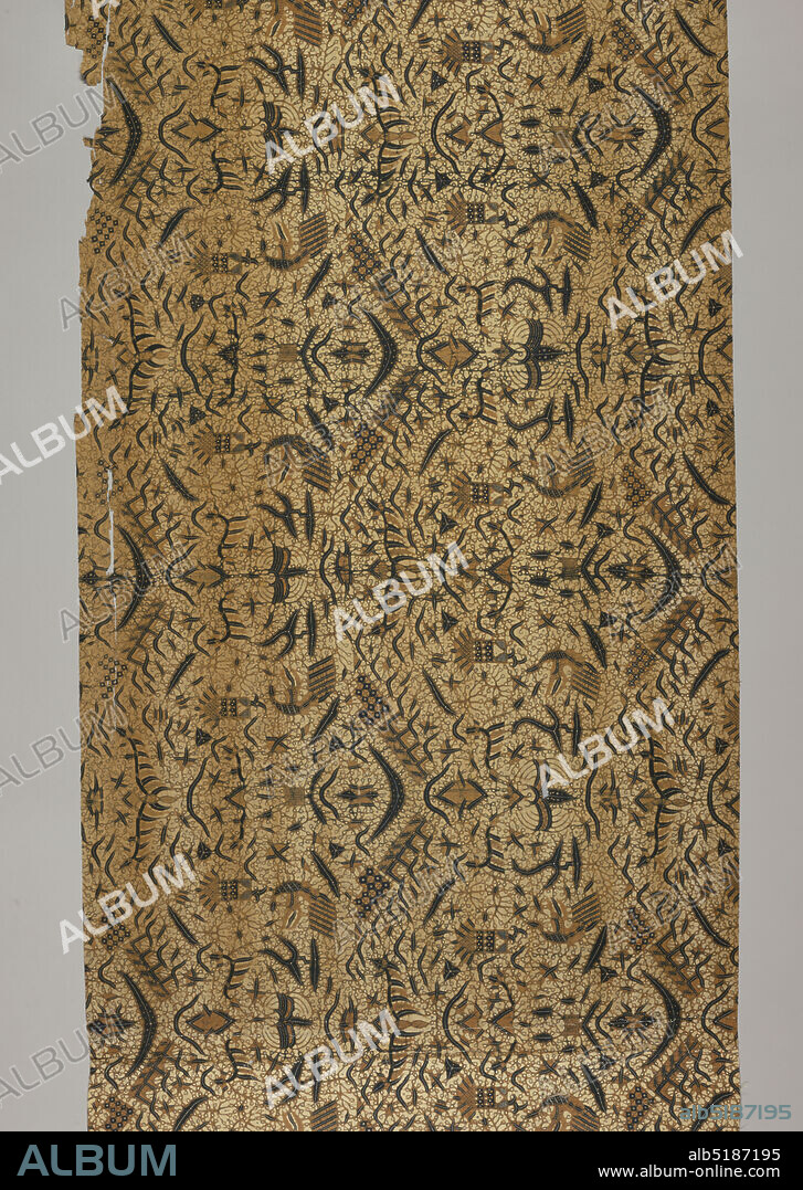 Textile, Medium: cotton Technique: wax resist dyeing (batik) on plain weave, Batik textile, possibly a long sarong (kain panjang), showing traditional 'semen' (non-geometric forms like flora and fauna) design in blue, white and tan., Indonesia, 19th century, printed, dyed & painted textiles, Textile.