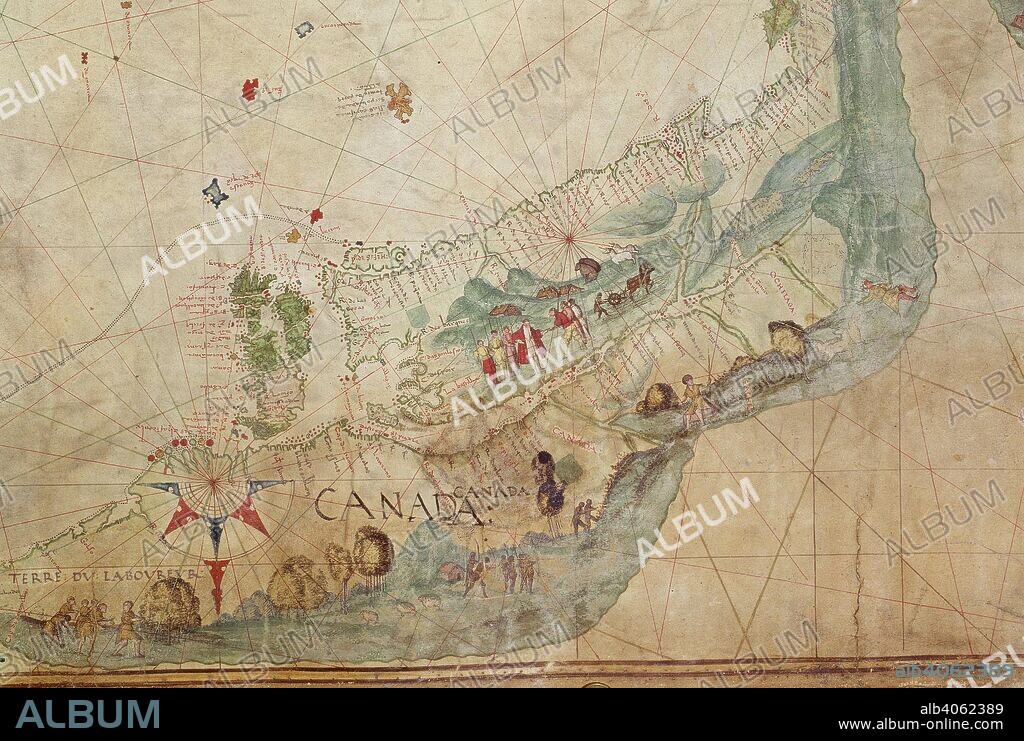 Detail showing Jacques Cartier and his followers in Canada. Dauphin Map [Harley World Map]. France; 1547. Source: Add. 5413. Language: French.