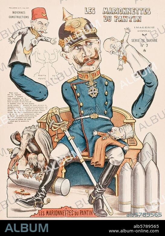 Wilhelm II., deutscher Kaiser (1888-1918); 1859-1941. - "Les Marionettes du Pantin". (Karikatur auf Kaiser Wilhelm II. im 1. Weltkrieg und seine Verbündeten Kaiser Franz Joseph v. Österreich, Ferdinand I. von Bulgarien u. Sultan Mehmet V. (Türkei) ). Farblithographie, unbez. "Série de Guerre, No. 7".