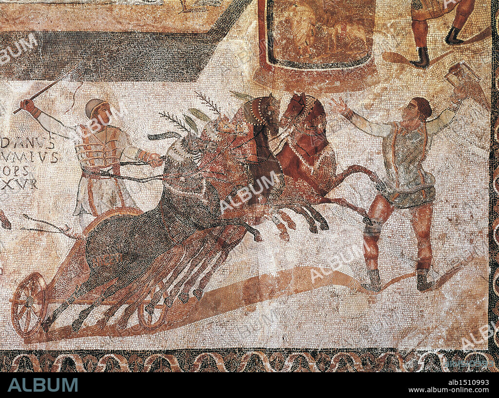 Roman civilization, 3rd-4th century A.D. Mosaic depicting chariot races at the Circus, From Spain.