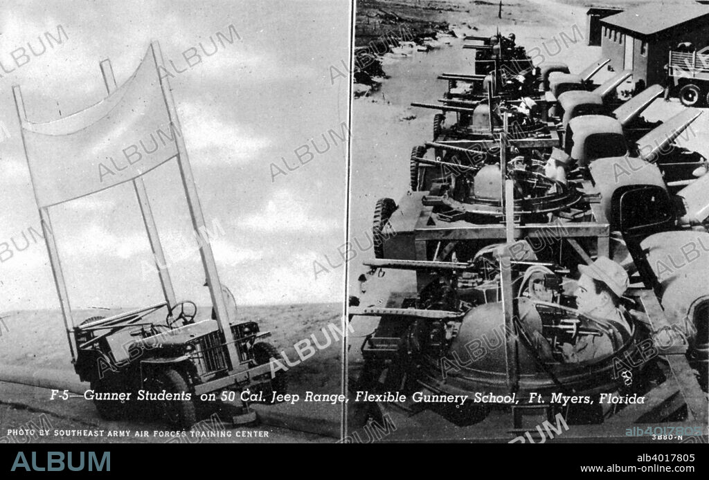 Gunnery students on the 50 cal Jeep Range, Flexible Gunnery School, Fort Myers, Florida, USA, 1943. Postcard. View showing soldiers shooting guns mounted on the backs of trucks. A Jeep is mounted with a white flag, possibly a target.