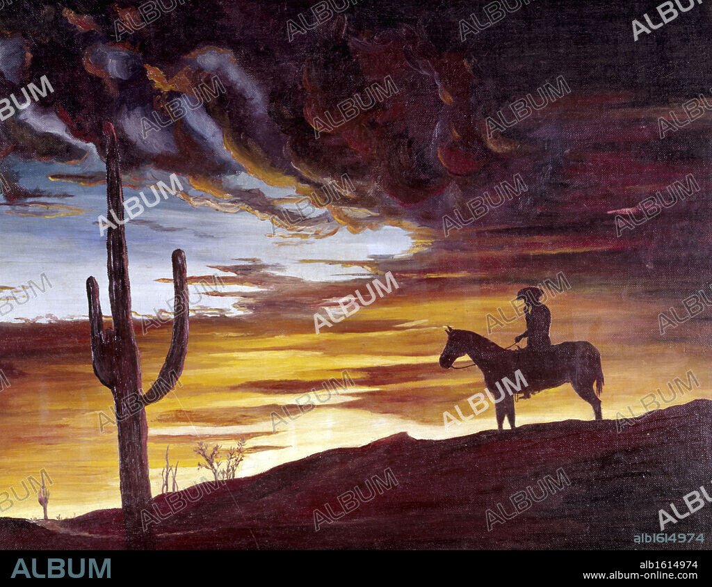 Lonely rider standing on slope at sunset.