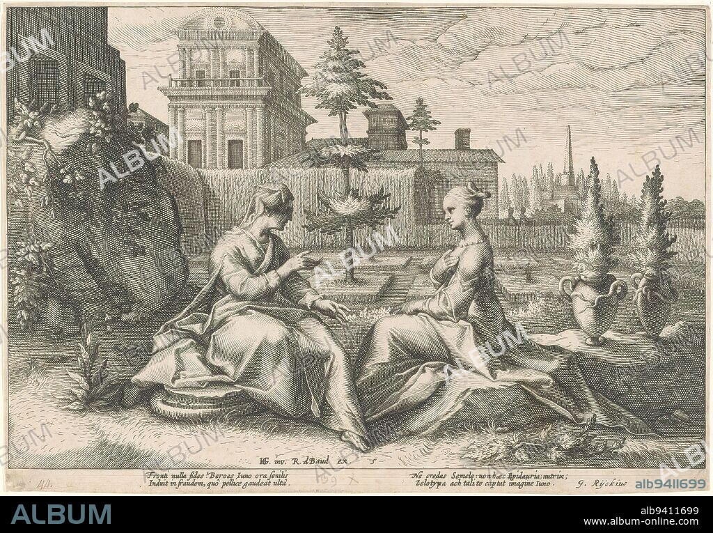 Juno approaches Semele in the guise of Beroe, Metamorphoses of Ovid (series title), Juno, in the guise of Semele's old nurturer Beroe, advises Semele to ask Jupiter to show himself to her in his full majesty. Only then can she be sure that the father of the child in her womb is a god and not a mere mortal. In the lower margin a four-line explanation, in two columns, in Latin., print maker: Hendrick Goltzius, (workshop of), after design by: Hendrick Goltzius, (mentioned on object), G. Rijckius, (mentioned on object), print maker: Haarlem, after design by: Haarlem, publisher: Amsterdam, c. 1590 and/or 1615, paper, engraving, height 177 mm × width 255 mm.
