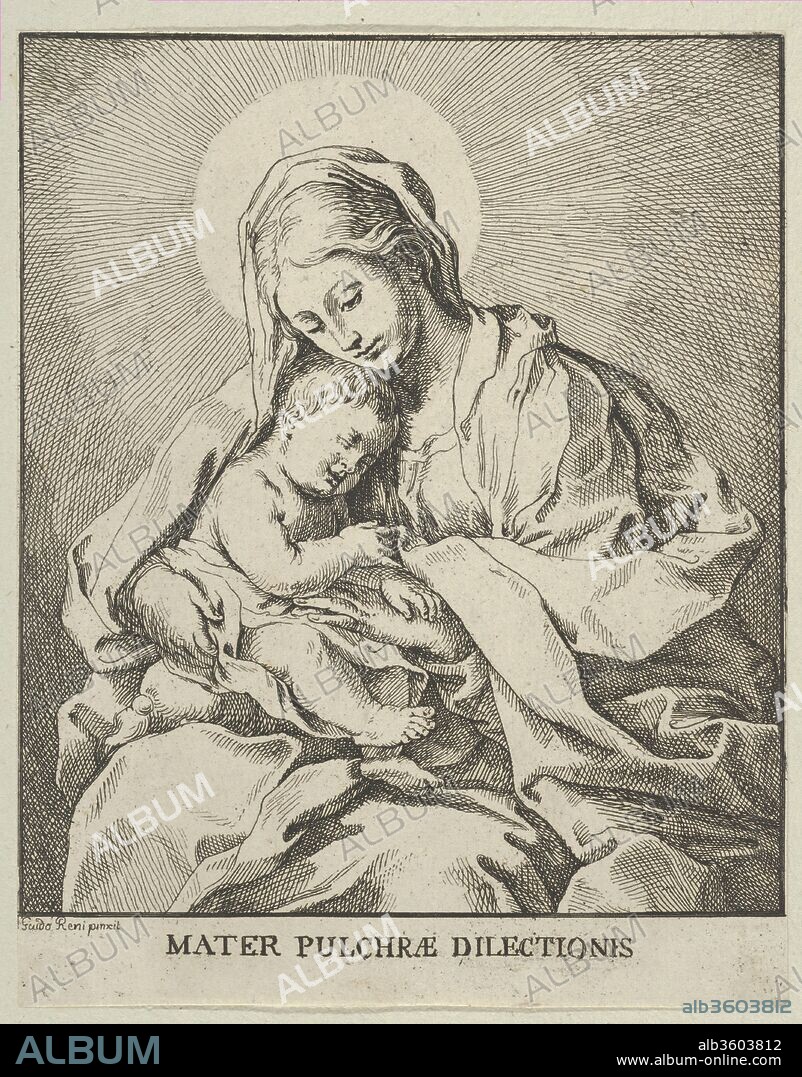 The Virgin holding the infant Christ, after Reni. Artist: After Guido Reni (Italian, Bologna 1575-1642 Bologna); Johann Christoph Winkler (German, Augsburg 1701-ca. 1770 Vienna). Dimensions: Sheet (Trimmed): 6 3/8 × 5 1/16 in. (16.2 × 12.9 cm). Date: ca. 1720-70.
Copy in reverse in vertical rectangular composition with inscriptions. Verso not visible as print is laid to another sheet of paper.